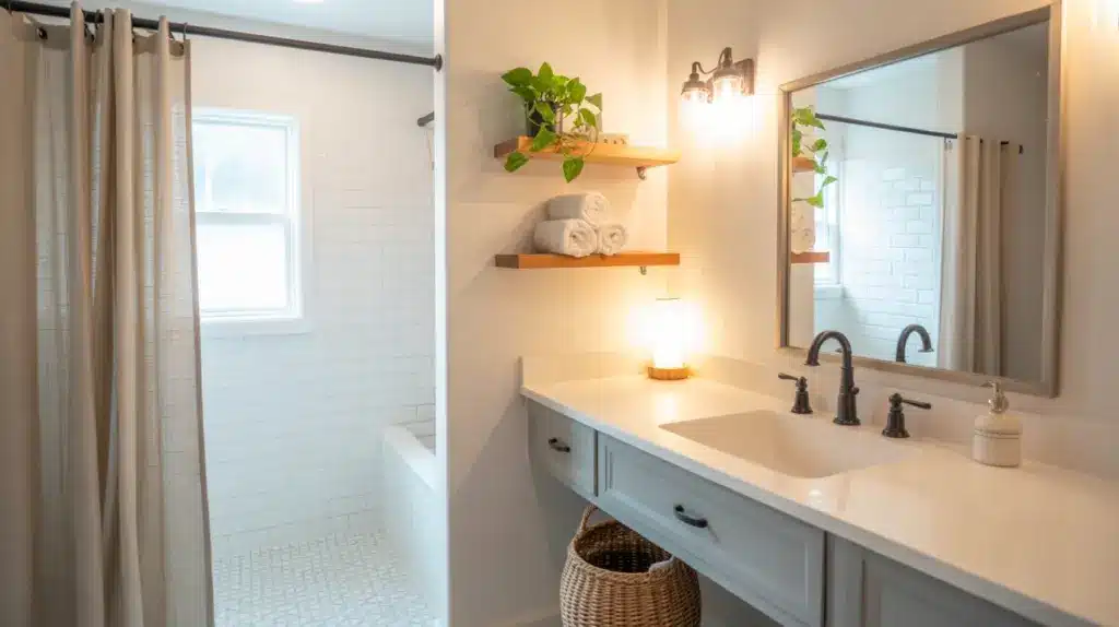 bright budget bathroom remodel with white walls black fixtures floating shelves and peel-and-stick floor tiles
