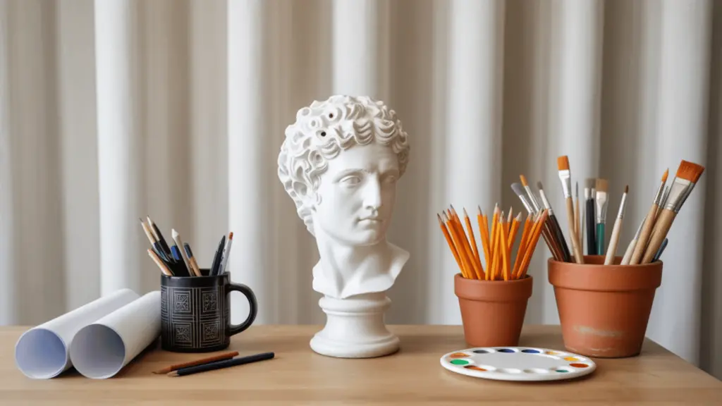 bright, minimalist workspace setup on a light wooden desk. In the center, a white classical-style marble bust sculpture