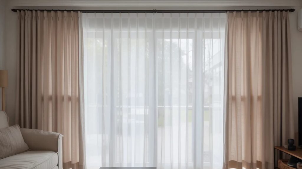 bright modern living room with a large window, white vertical blinds covered with soft beige floor-length curtains, curtain rod mounted neatly above the blinds, natural dayligh (1)