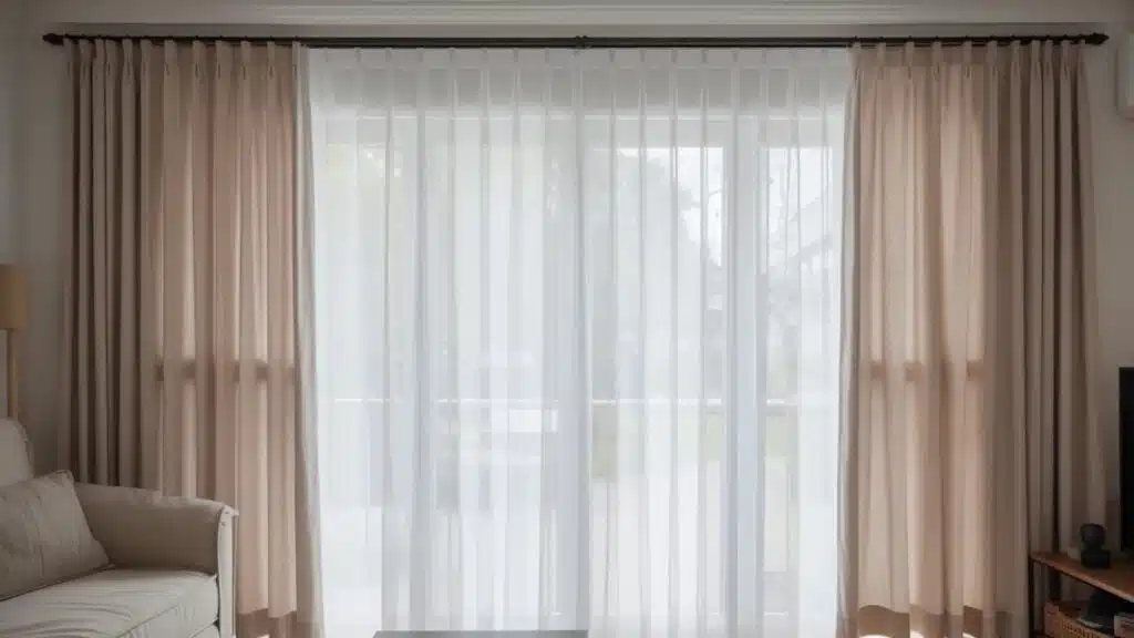 bright modern living room with a large window, white vertical blinds covered with soft beige floor-length curtains, curtain rod mounted neatly above the blinds, natural dayligh (1)