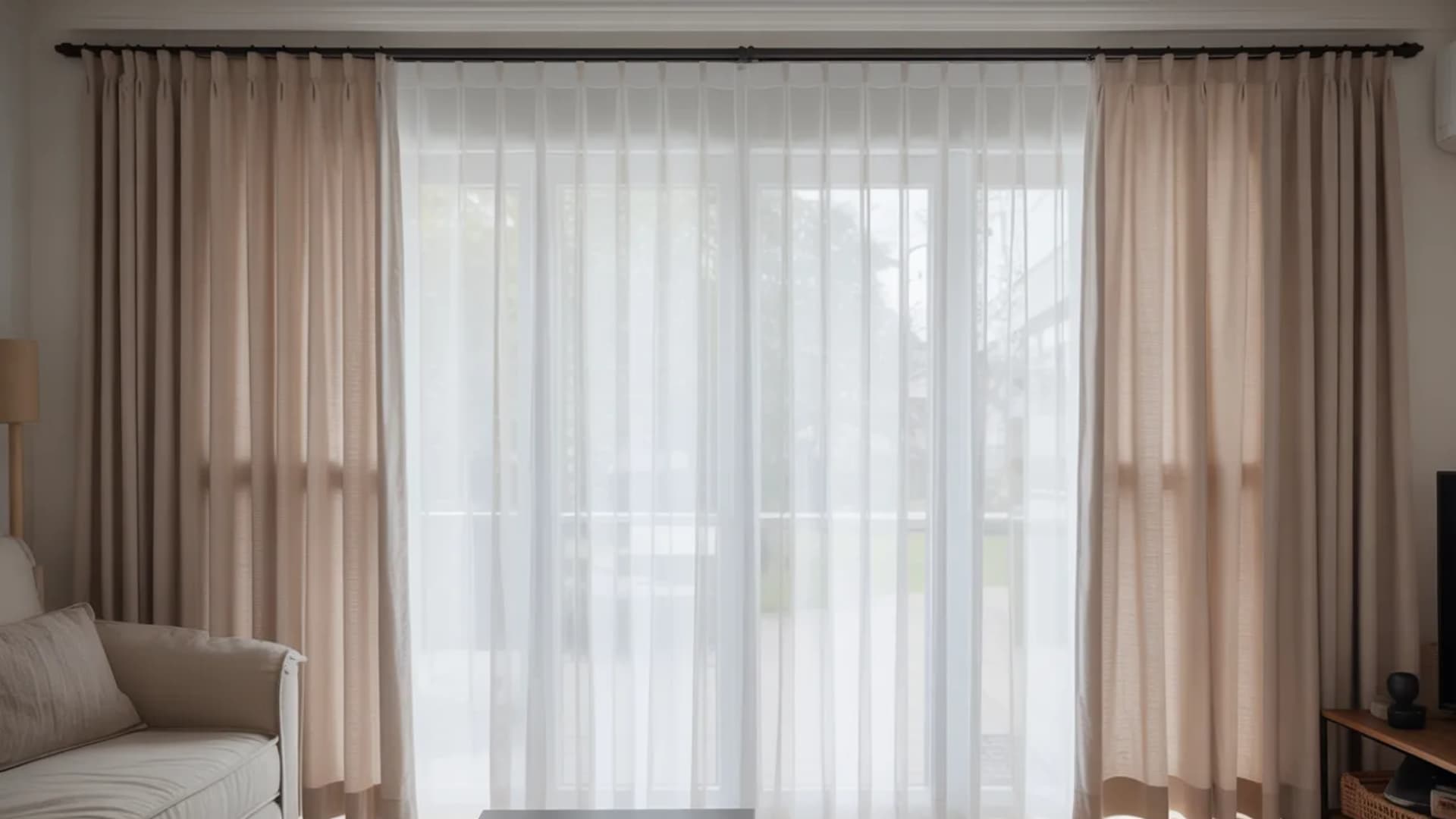bright modern living room with a large window, white vertical blinds covered with soft beige floor-length curtains, curtain rod mounted neatly above the blinds, natural dayligh (1)