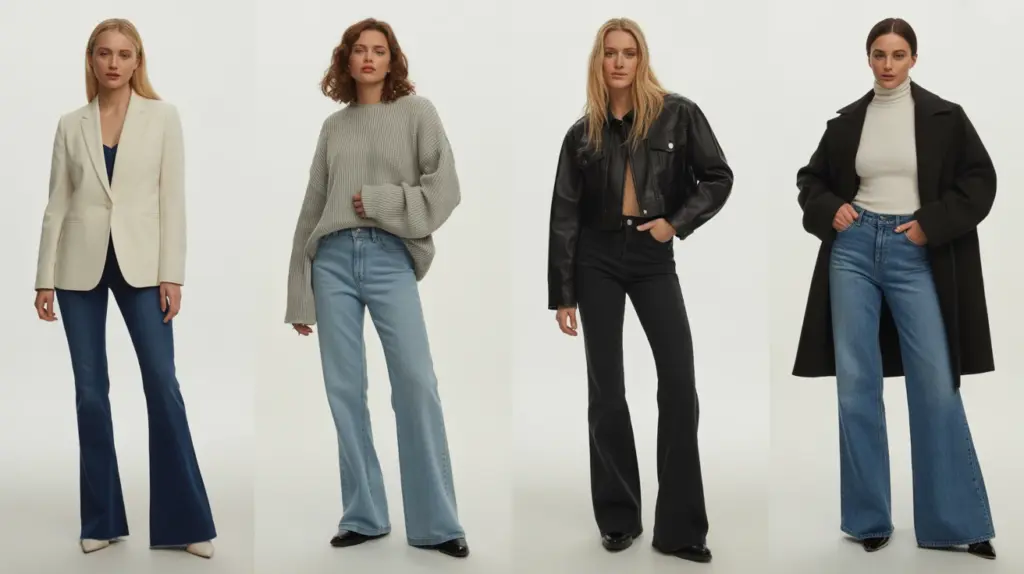 collage of flare jeans outfit ideas showing casual work party and street style looks with balanced silhouettes