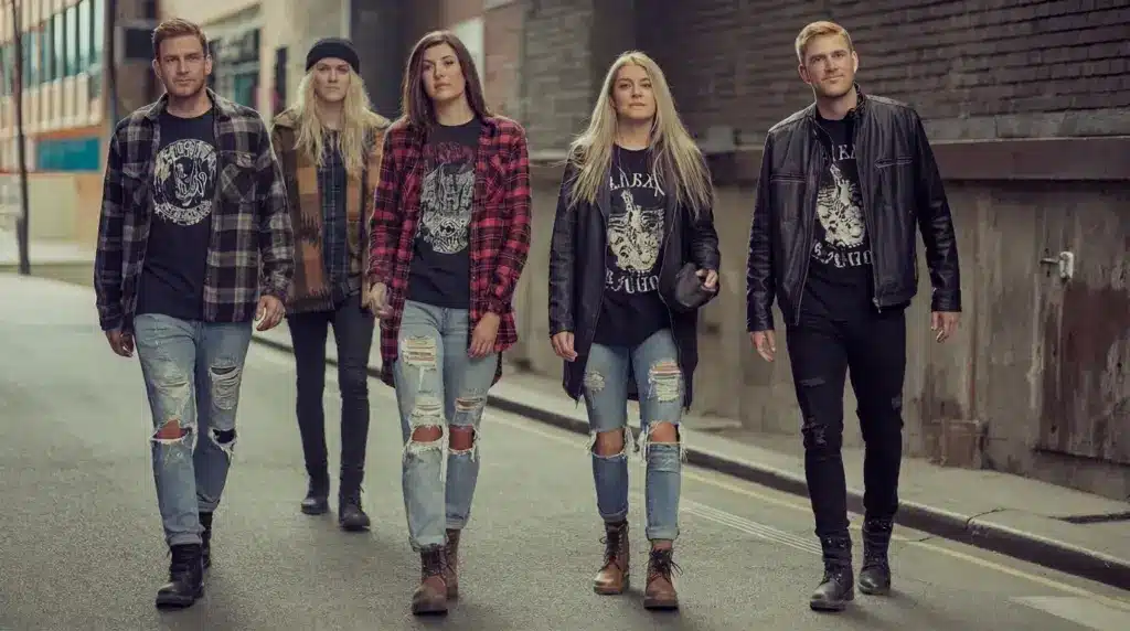 collage of people in grunge outfits with flannel ripped jeans and boots in street setting showing natural light textures and realistic everyday style