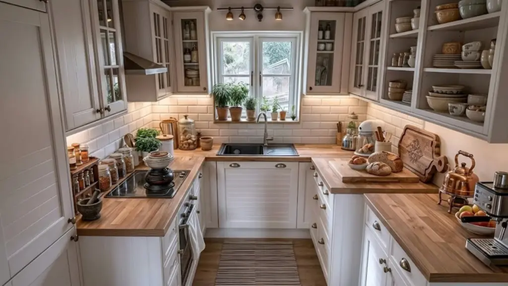 farmhouse kitchen with white cabinets, countertops, shelves, sink, potted herbs, bread board, and under-cabinet lighting