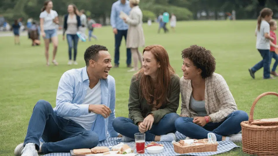 friends on a picnic date discussing something interesting and having a light hearted conversation in a park