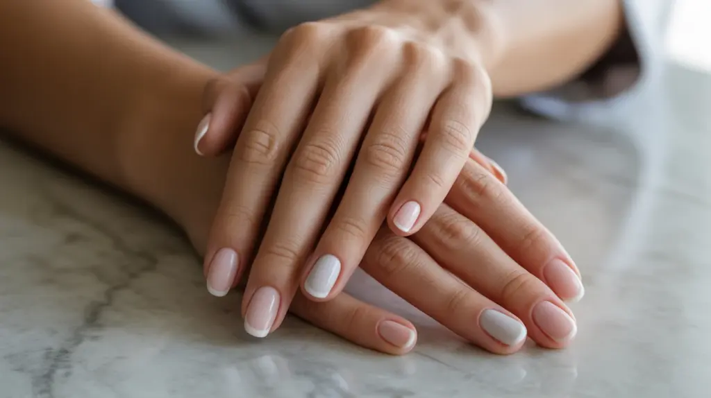 hands with natural nails in sheer pink milky white and nude shades showing clean minimal styles with soft shine and realistic everyday appearance