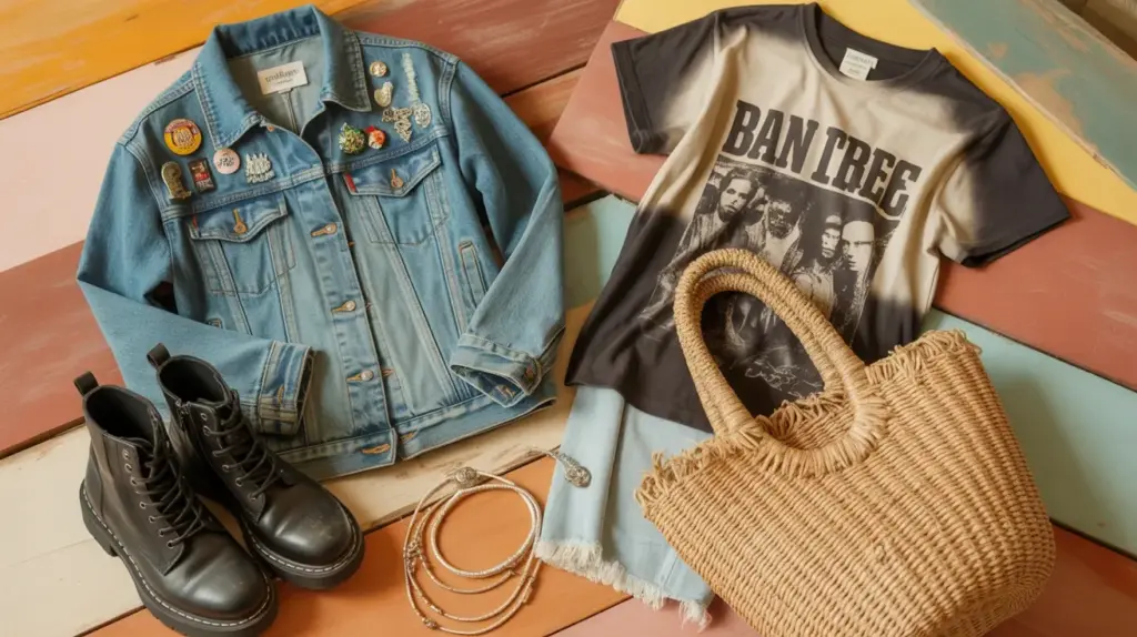 indie aesthetic outfits styled with vintage denim, band tees, combat boots, and layered accessories on earthy backdrop (1)