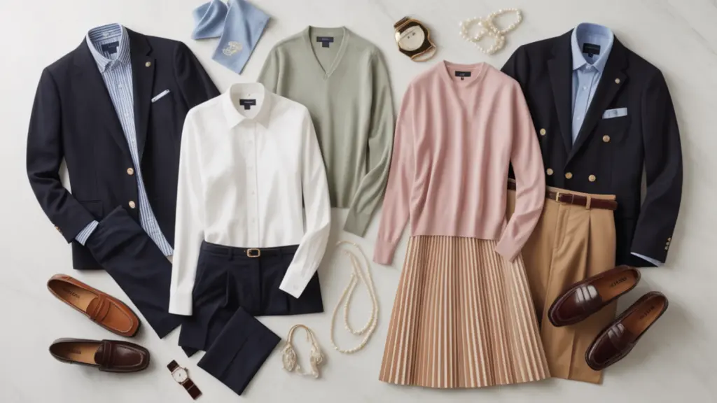 Men and women outfits with blazer, shirt, sweater, skirt, pants, and loafers styled side by side