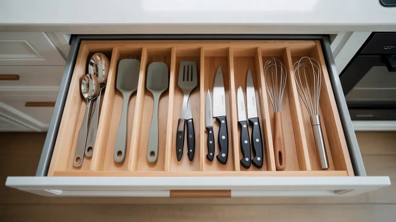 organized kitchen drawer with utensils and tools sorted neatly into sections for efficient use