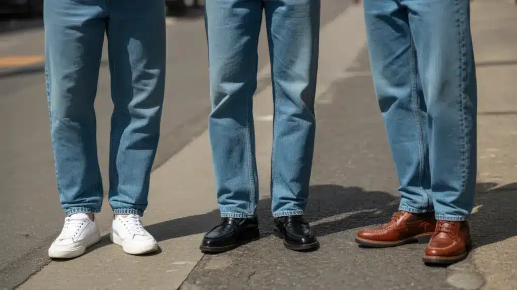 person in blue jeans paired with white sneakers loafers and brown boots showing casual and smart styling with natural light and visible denim texture