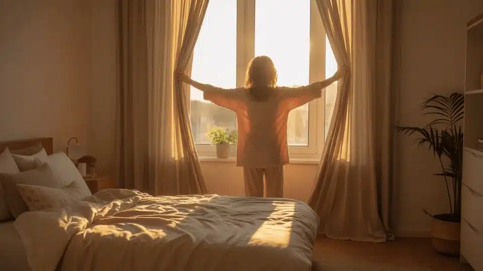 person opening bedroom curtains to let in bright morning sunlight in a calm and cozy room