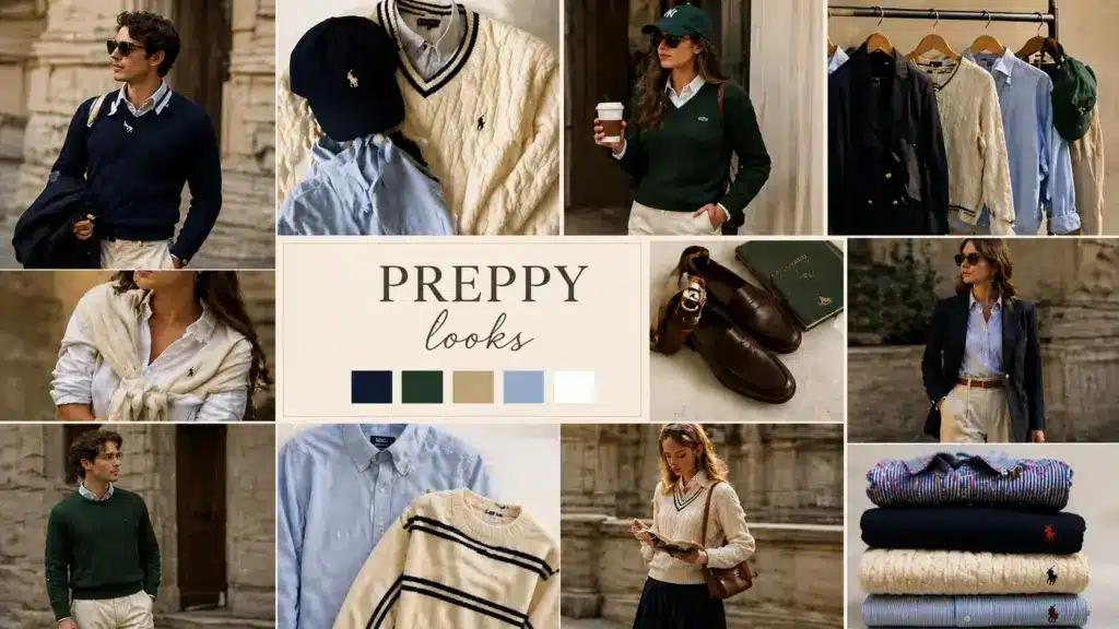 preppy fashion moodboard showcasing outfits, accessories, and color palette in navy, green, beige, and white