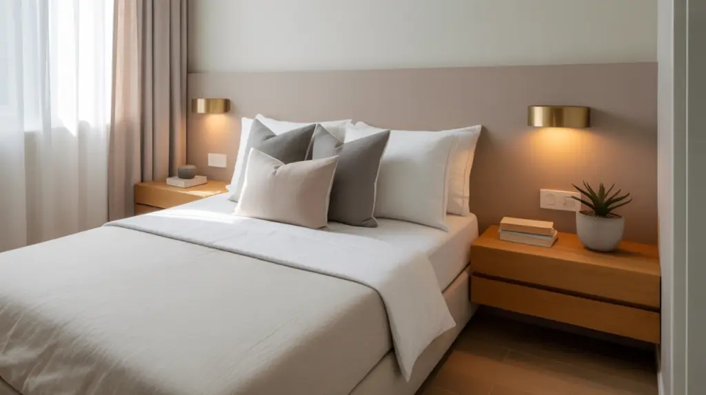 small guest bedroom with daybed, floating nightstands, wall sconces, and light neutral colors creating a spacious feel