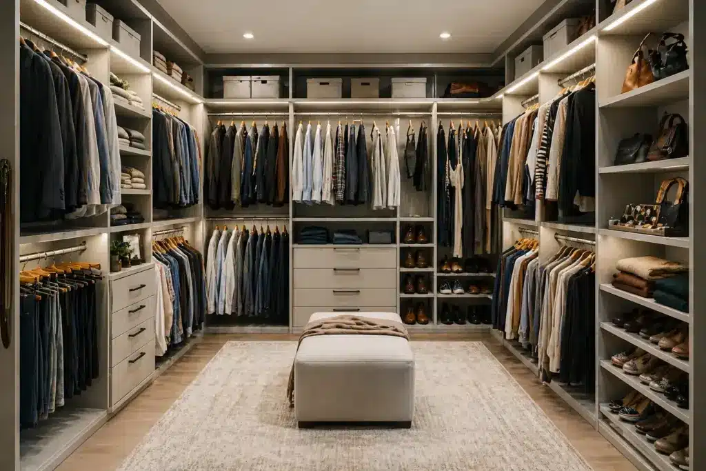 Spacious walk-in closet with grey shelving, double hanging rods, upper storage bins, shoe racks, and center bench