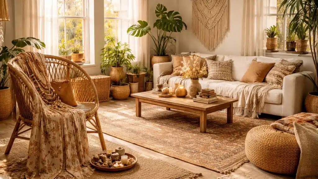 sunlit bohemian living room with rattan chair, layered rugs, indoor plants, macrame wall hanging, wooden table, neutral colors, and cozy natural textures