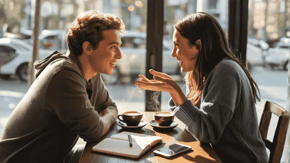 two friends discussing some interesting fun facts and engaging in a conversation in a cafe