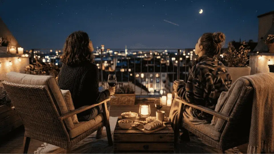 two friends talking about some interesting topic and nostalgic on a night-time picnic