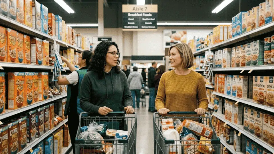 two people talking about something interesting topic and everyday in a grocery store