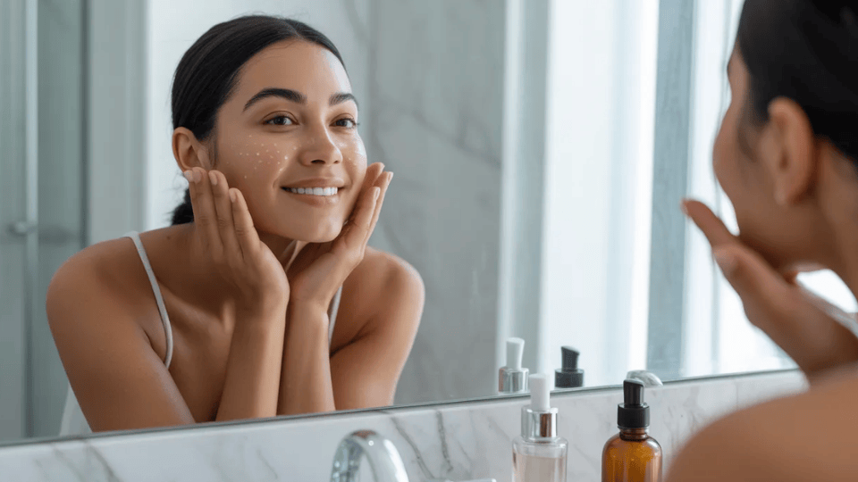 woman applying skincare and smiling at mirror, showing healthy glowing skin and daily routine that supports skin elasticity and skin care habits