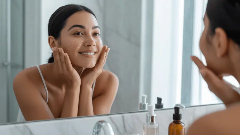woman applying skincare and smiling at mirror, showing healthy glowing skin and daily routine that supports skin elasticity and skin care habits