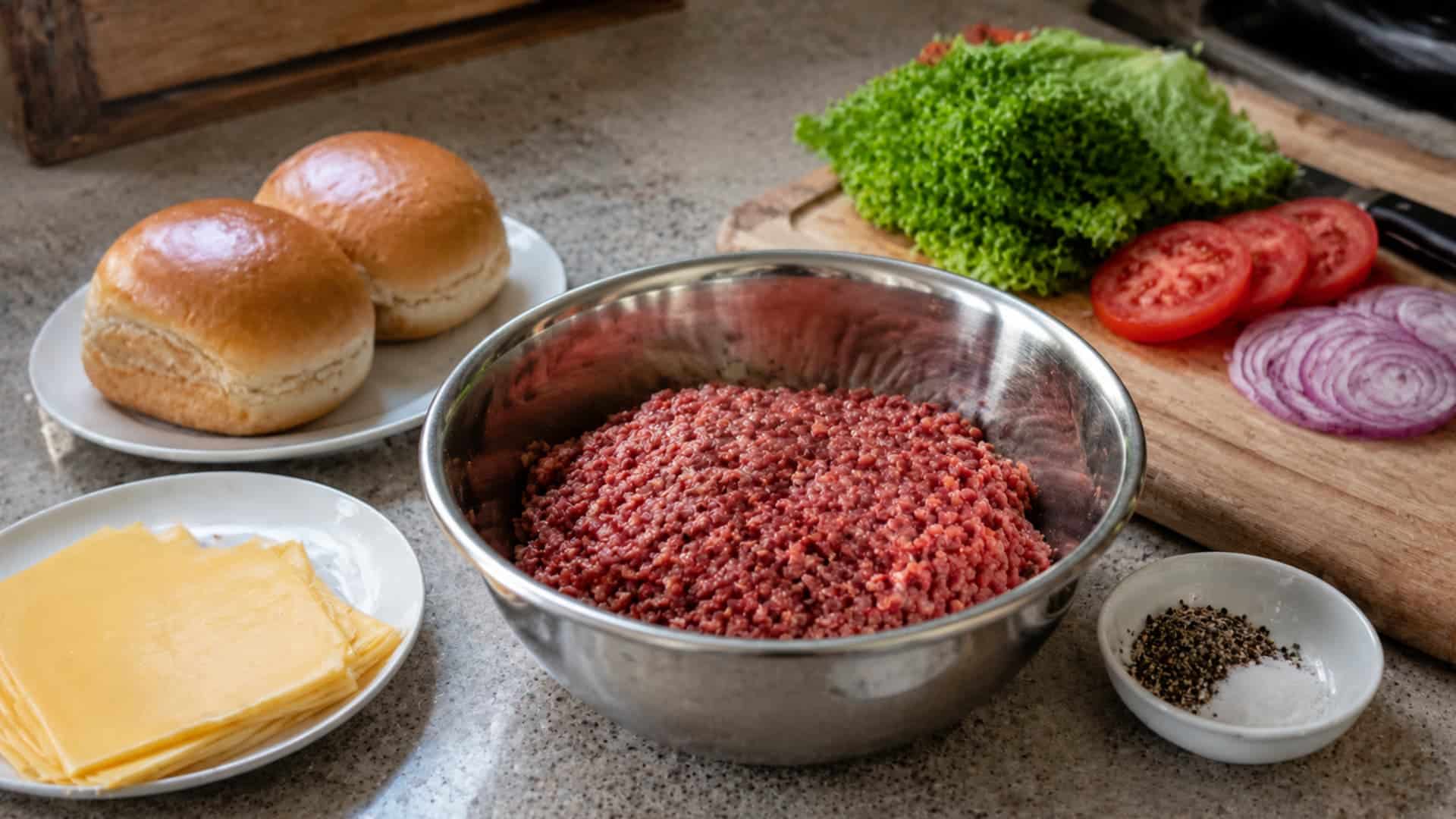 a realistic close up kitchen prep scene with raw ground meat in bowl surrounded by burger ingredients