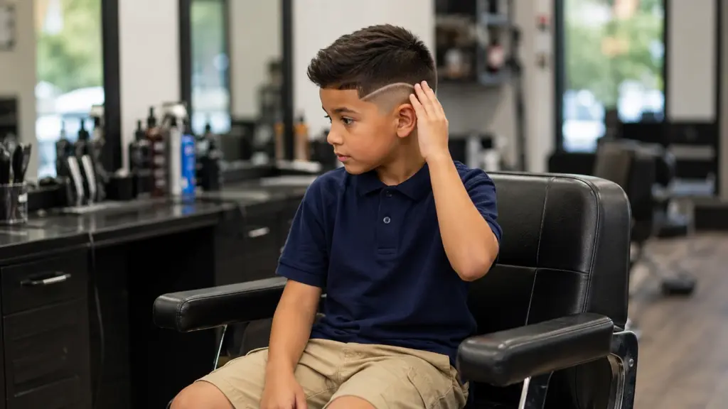 boys haircut with design featured image showing a school boy in a salon chair touching his fresh side fade haircut