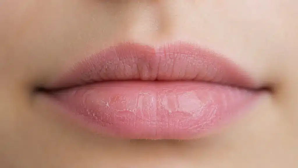 close up of chapped lips with mild peeling and fine cracks for a dry lips care
