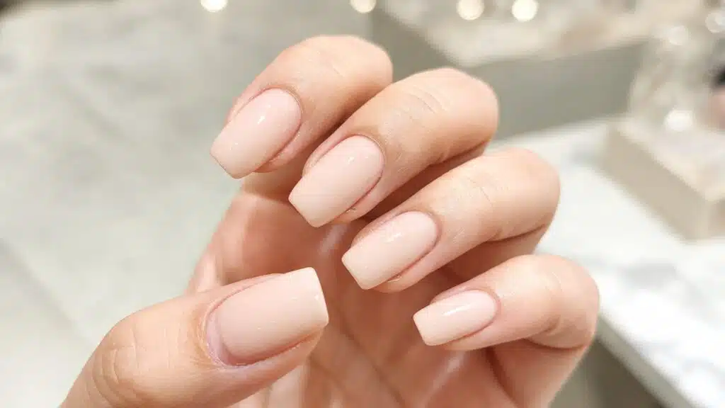close-up of hands receiving a russian manicure in a bright modern nail salon, showing detailed cuticle work and precision filing
