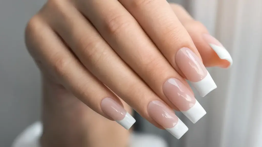 close up realistic acrylic nail extensions on coffin shaped nails with glossy finish clean salon style elegant hand