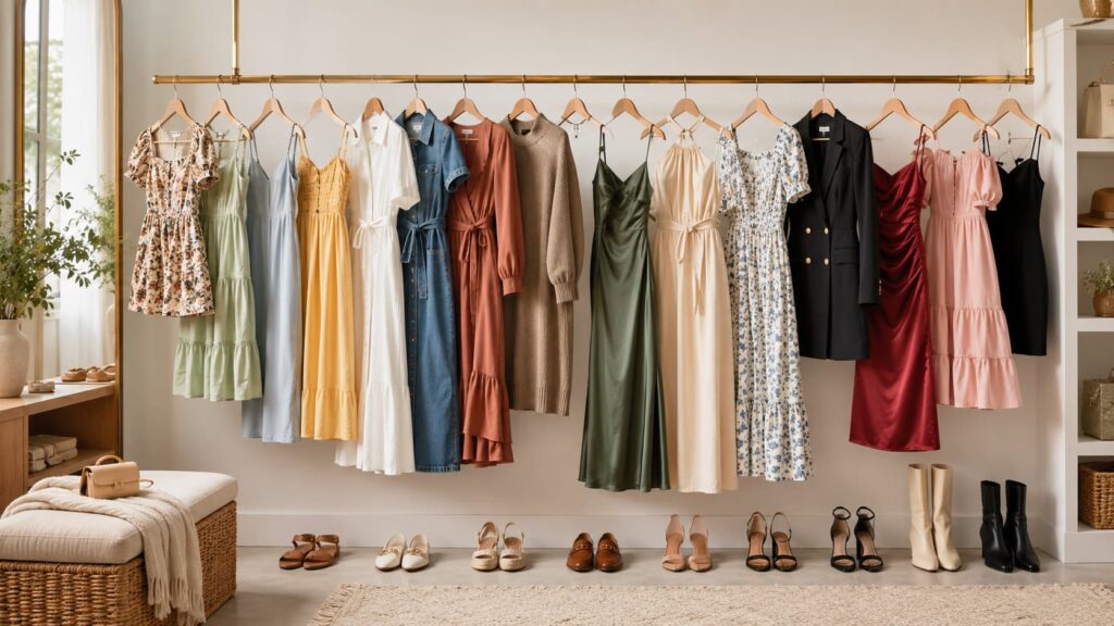 clothing rack with many types of dresses for women including mini midi maxi wrap slip denim sweater blazer and cocktail dresses with shoes below