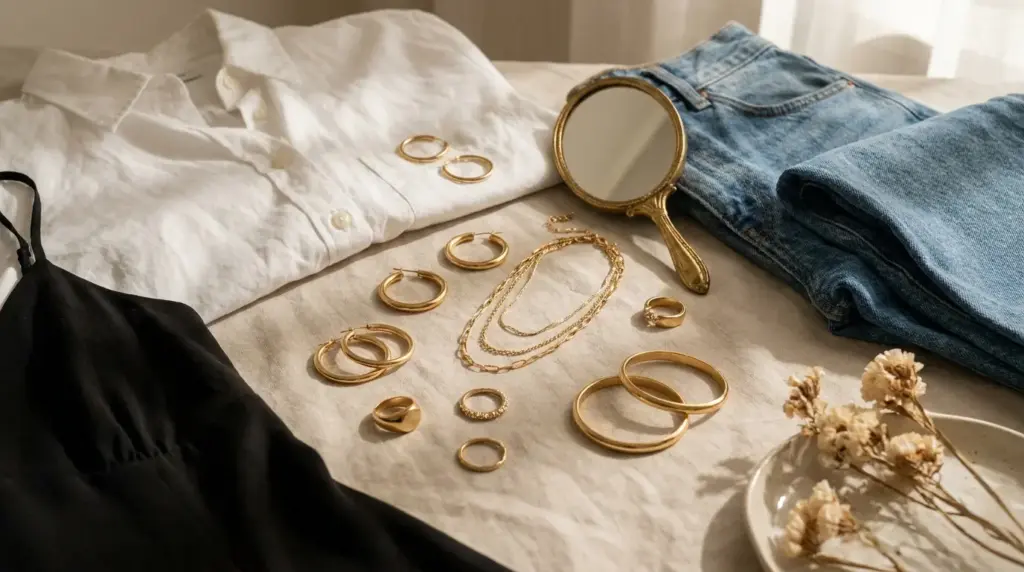 flat lay of gold jewelry styled with neutral outfits on a clean vanity in soft daylight
