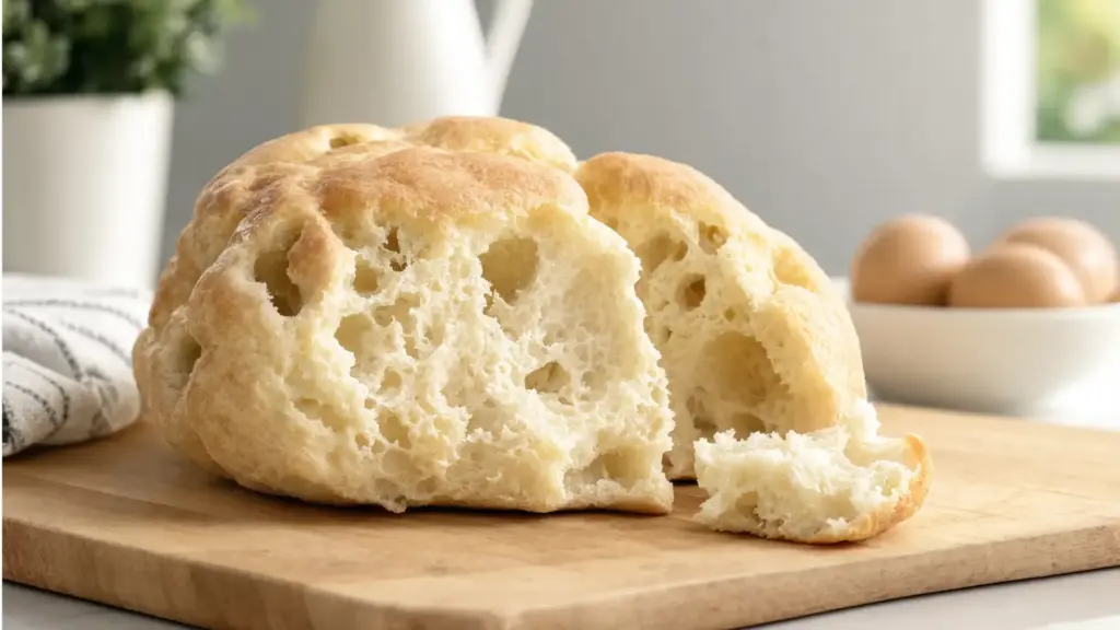 Fluffy cloud bread recipe showing soft airy texture with golden top and torn pillowy interior close-up