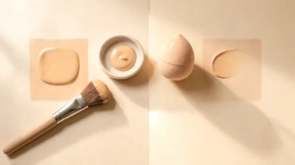 foundation brush vs sponge comparison showing fuller brush coverage and softer damp sponge finish