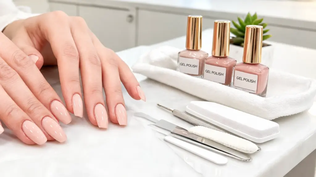 glossy nude manicured nails beside gel polish bottles and manicure tools on a white salon countertop with succulent