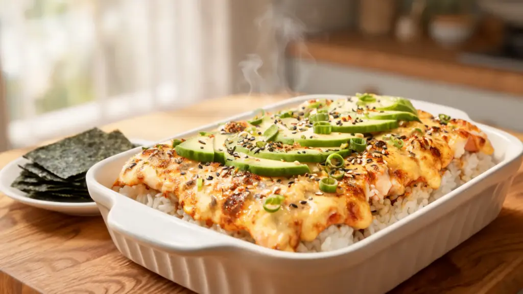 golden baked sushi casserole with creamy topping, rice layers, avocado, and seaweed sheets served fresh and warm