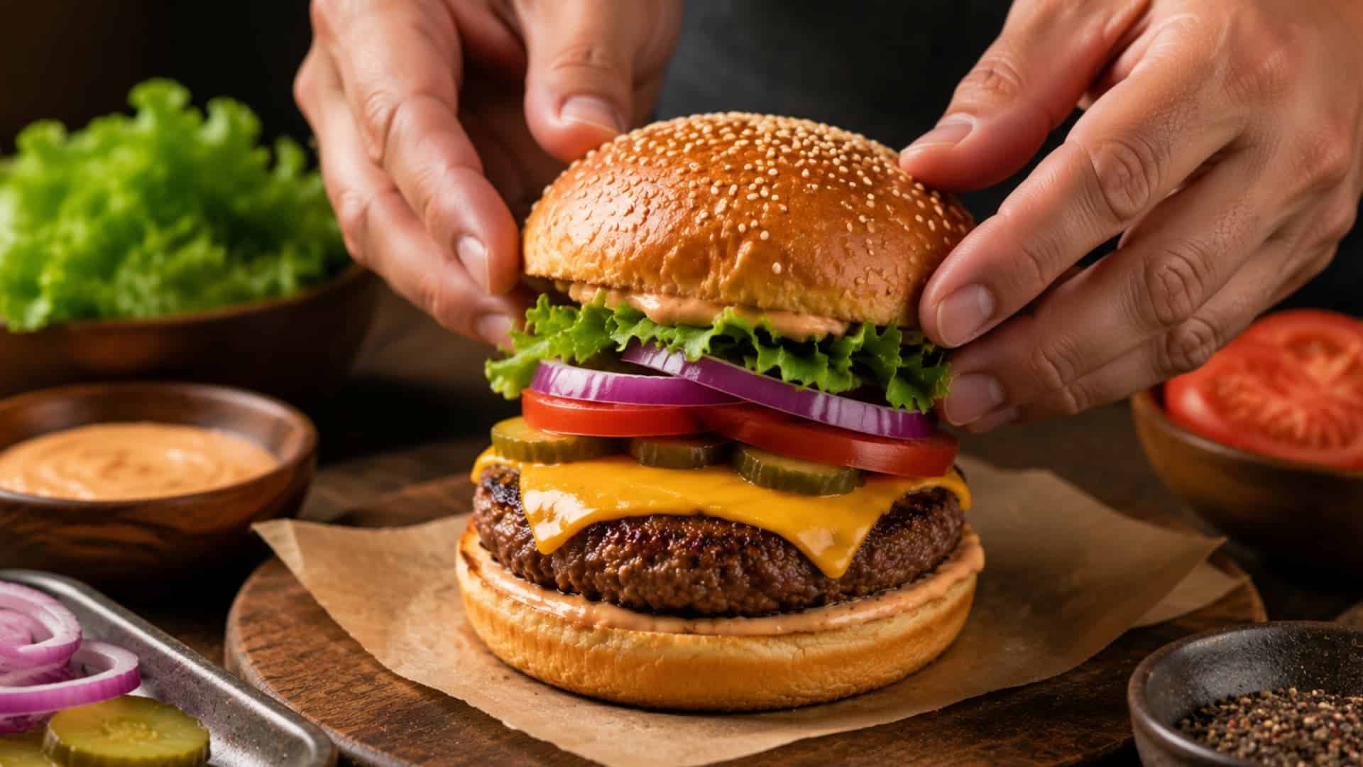 hands assembling a fresh beef burger with melted cheese lettuce tomato pickles and creamy sauce on toasted bun wooden table close up food styling
