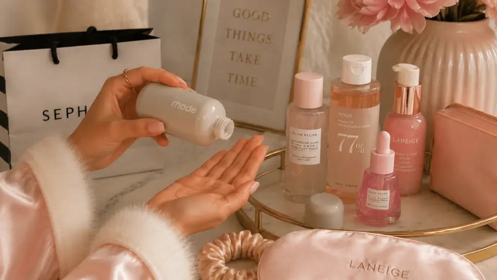 hands pour rhode milky toner into palm beside pastel skincare bottles, flowers, satin mask, and soft vanity decor