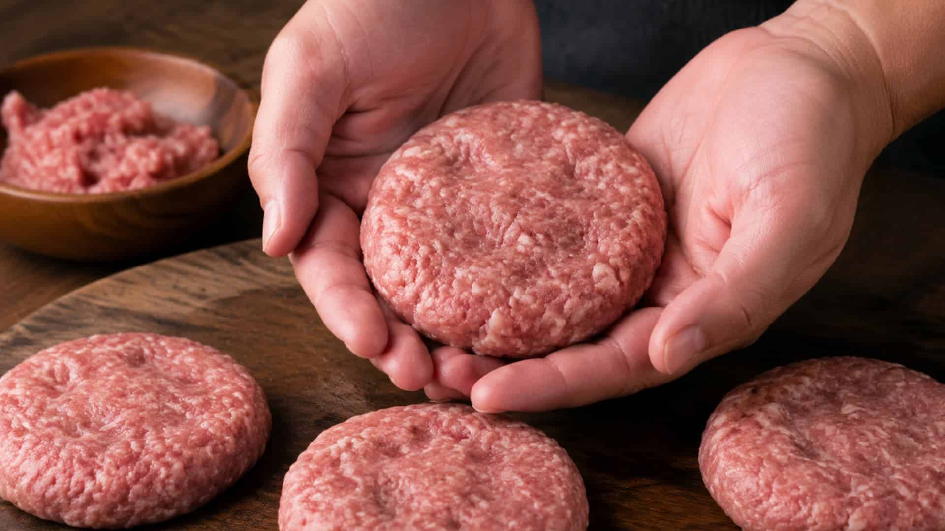 hands shaping raw ground beef patties into round discs on wooden board with fresh minced meat in bowl rustic kitchen close up food prep texture