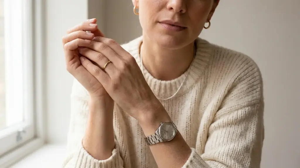 hands wearing mixed gold and silver jewelry beside a cream outfit and soft natural window light