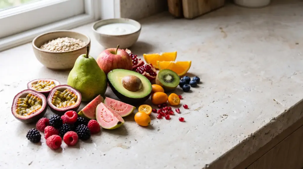 high fiber fruits on a kitchen counter with berries guava avocado pear and passion fruit (1)