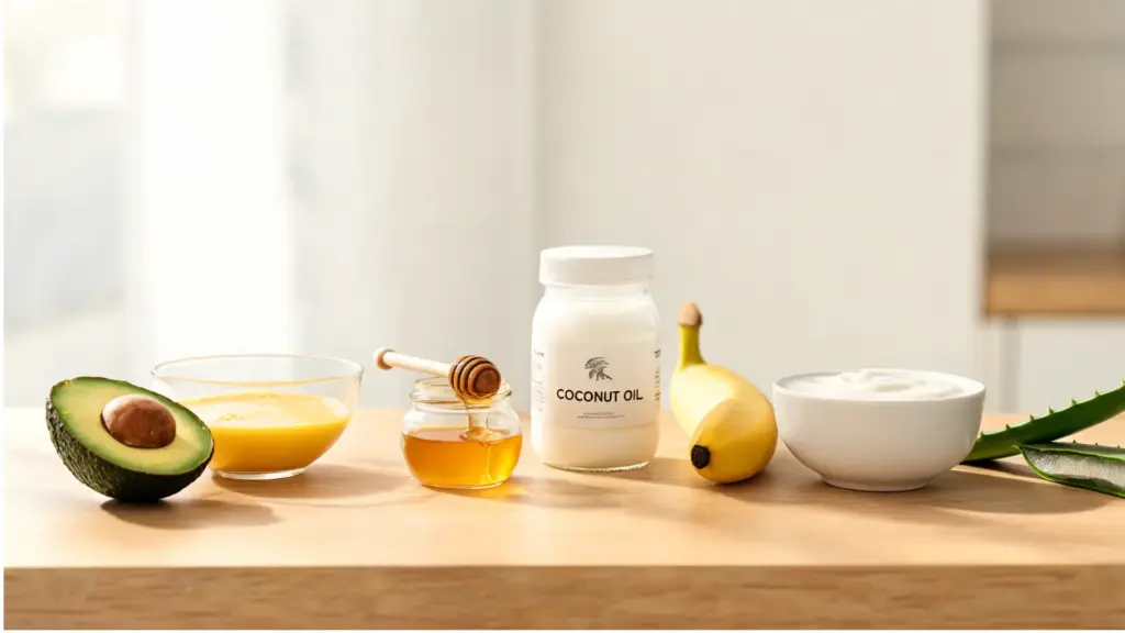 homemade hair mask natural ingredients on kitchen counter including avocado egg honey coconut oil banana yogurt and aloe vera for diy hair care routine