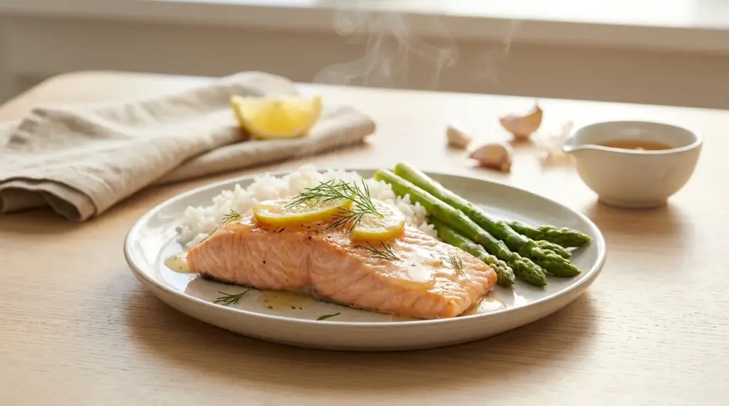lemon garlic salmon with asparagus, white rice, dill, lemon slices, pan sauce, and visible steam