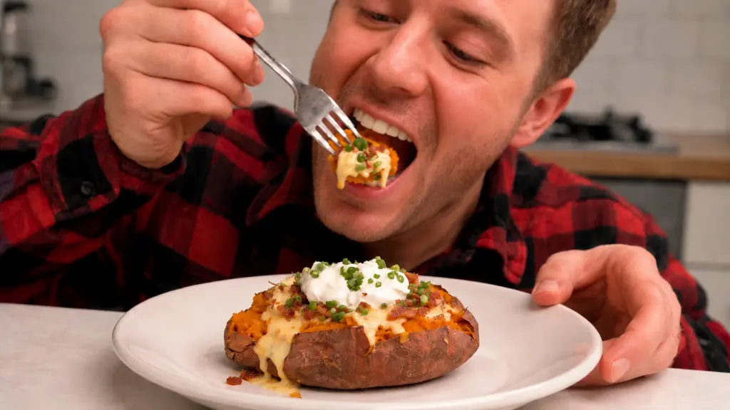 man eating a loaded stuffed sweet potato with cheese sour cream bacon and chives in a home kitchen setting