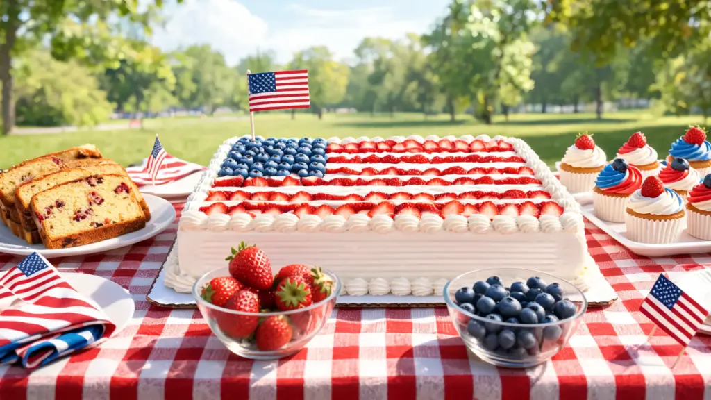 memorial day flag cake with strawberries and blueberries on picnic table with summer desserts outdoors