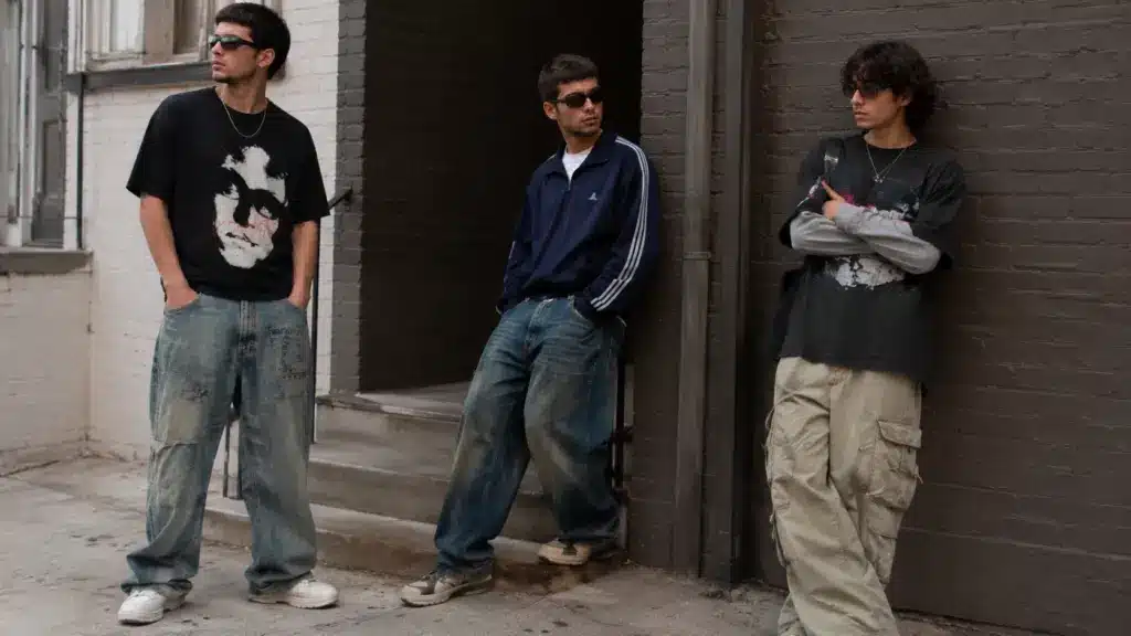 men wearing y2k outfits with baggy jeans graphic tees cargo pants track jacket and chunky sneakers