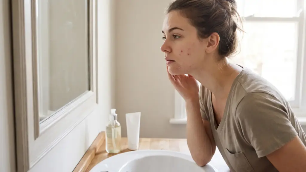 person checking dry skin acne in mirror with mild flakes pimples and a simple calming skincare routine