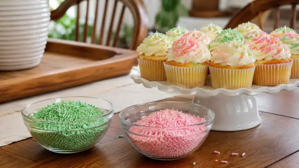 pink and green homemade sprinkles in glass bowls beside frosted cupcakes topped with matching sprinkles on wooden table
