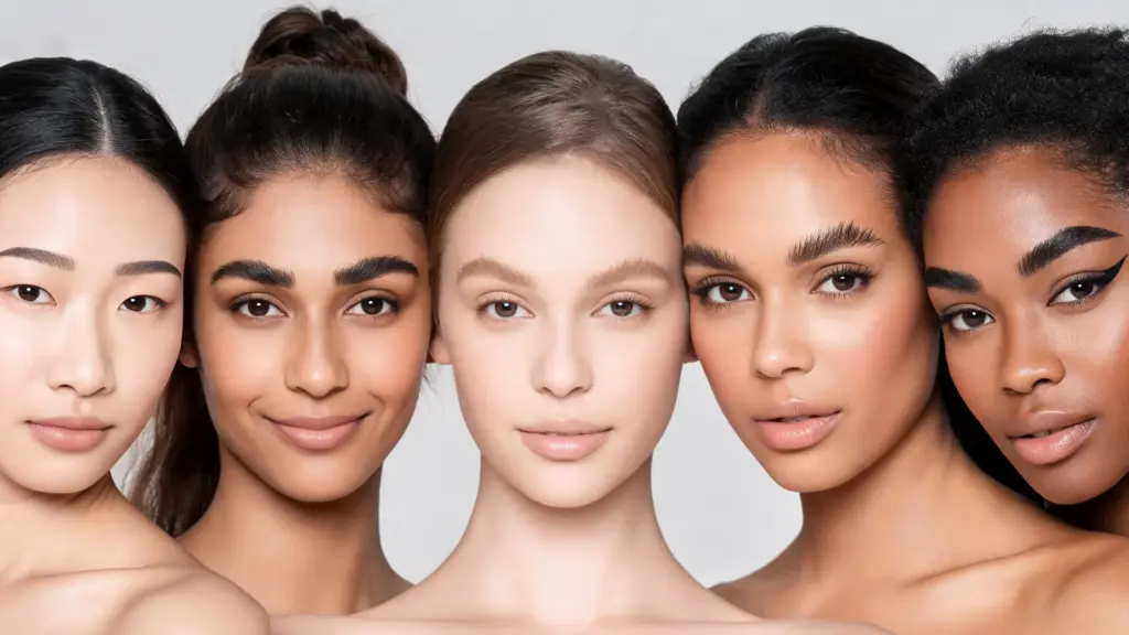 realistic women showing different eyebrow shapes with natural makeup and clean studio lighting