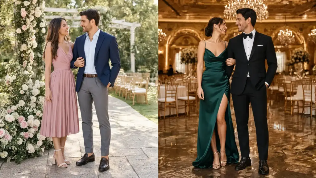 semi formal vs formal wedding guest outfits showing clear style difference in venue mood and attire