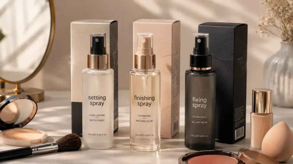 setting spray vs finishing spray products on a clean vanity with premium beauty packaging (3)